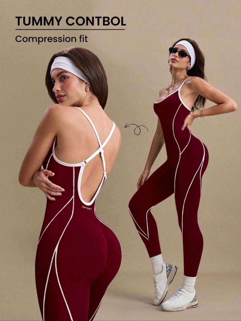 Women's Colorblock U Neck Adjustable Strap High Elastic Yoga Jumpsuit, Sporty Sleeveless Fitness, All Season Comfortable Wear, Sportswear Jumpsuits
