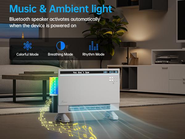 Electric Space Heater for Bedroom 1500W, 120° Vertical Oscillation, Adjustable Thermostat, Remote Control, 24H Timer, Easy-Mount Heater for Indoor Use, Works with Alexa,listen to music Ambient Light，Smart