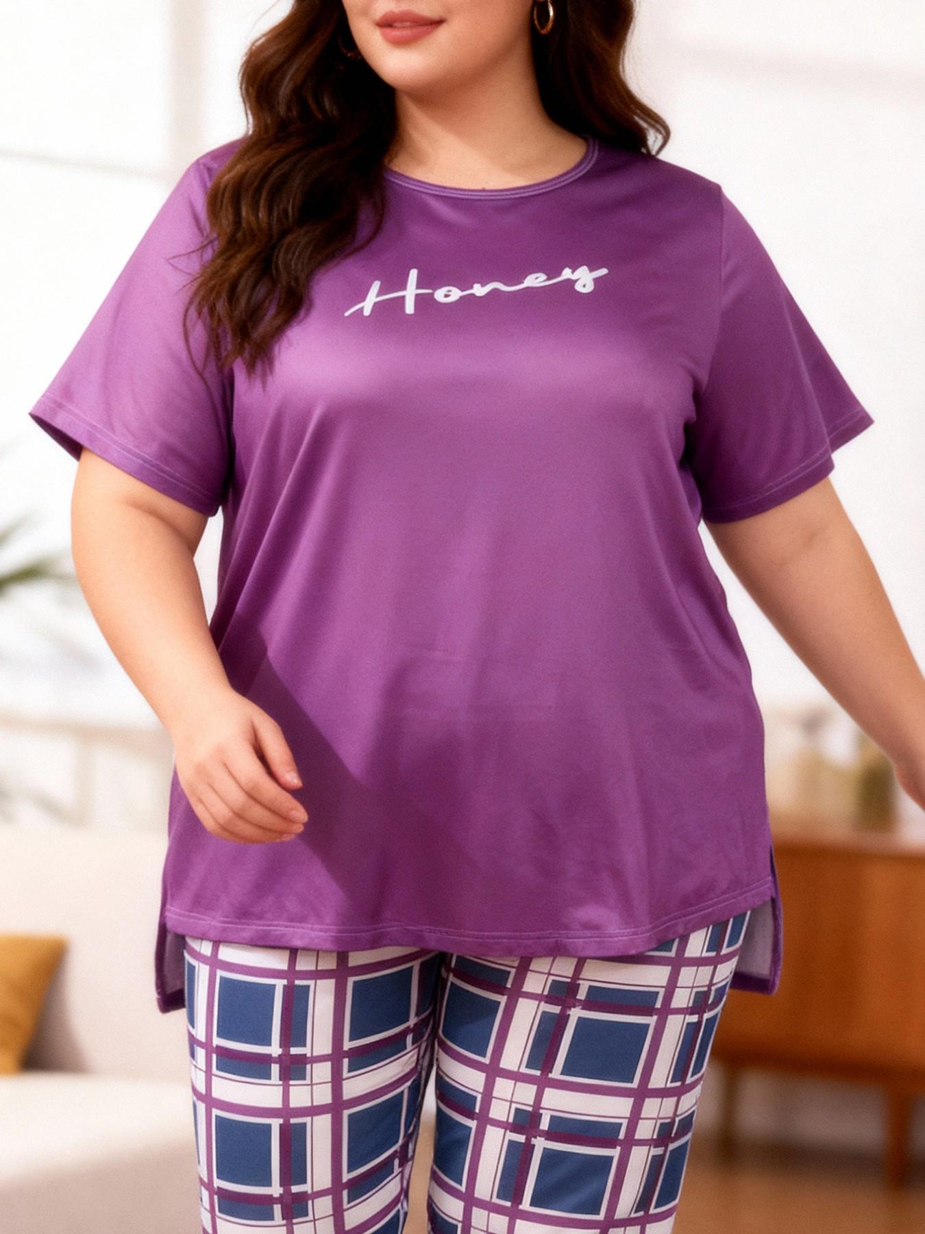 Women's Plus Size 2-Piece Pajama Set Loungewear, Loose-Fitting Short Sleeve Long Pants, All over Print, Casual Home Wear, All Seasons