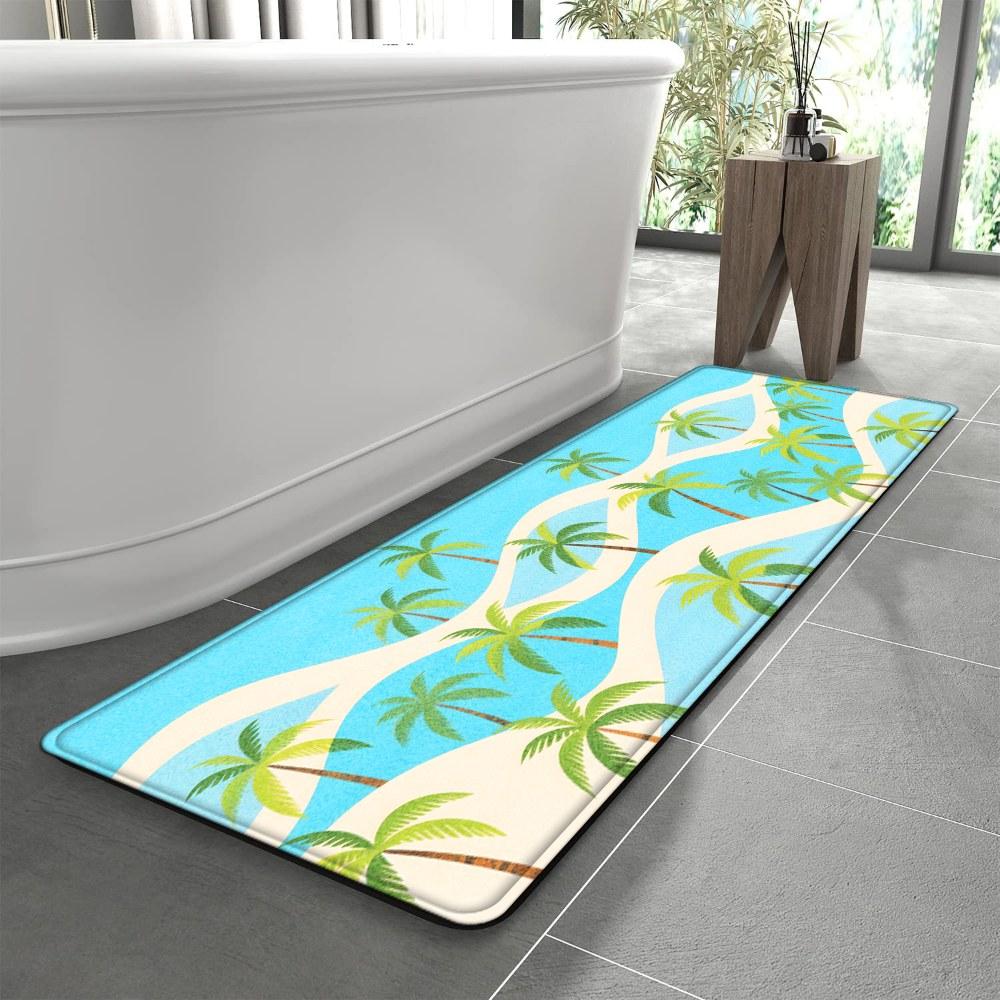 1PC， Spring Coconut Tree Beach Scene Patterned strip rugs, home décor, bathroom mats, entryway mats, bathroom non-slip mats, indoor entrance rugs, bedroom bedside mats, kitchen mats, hallway rugs, flannel sponge rugs, hallway runner rugs