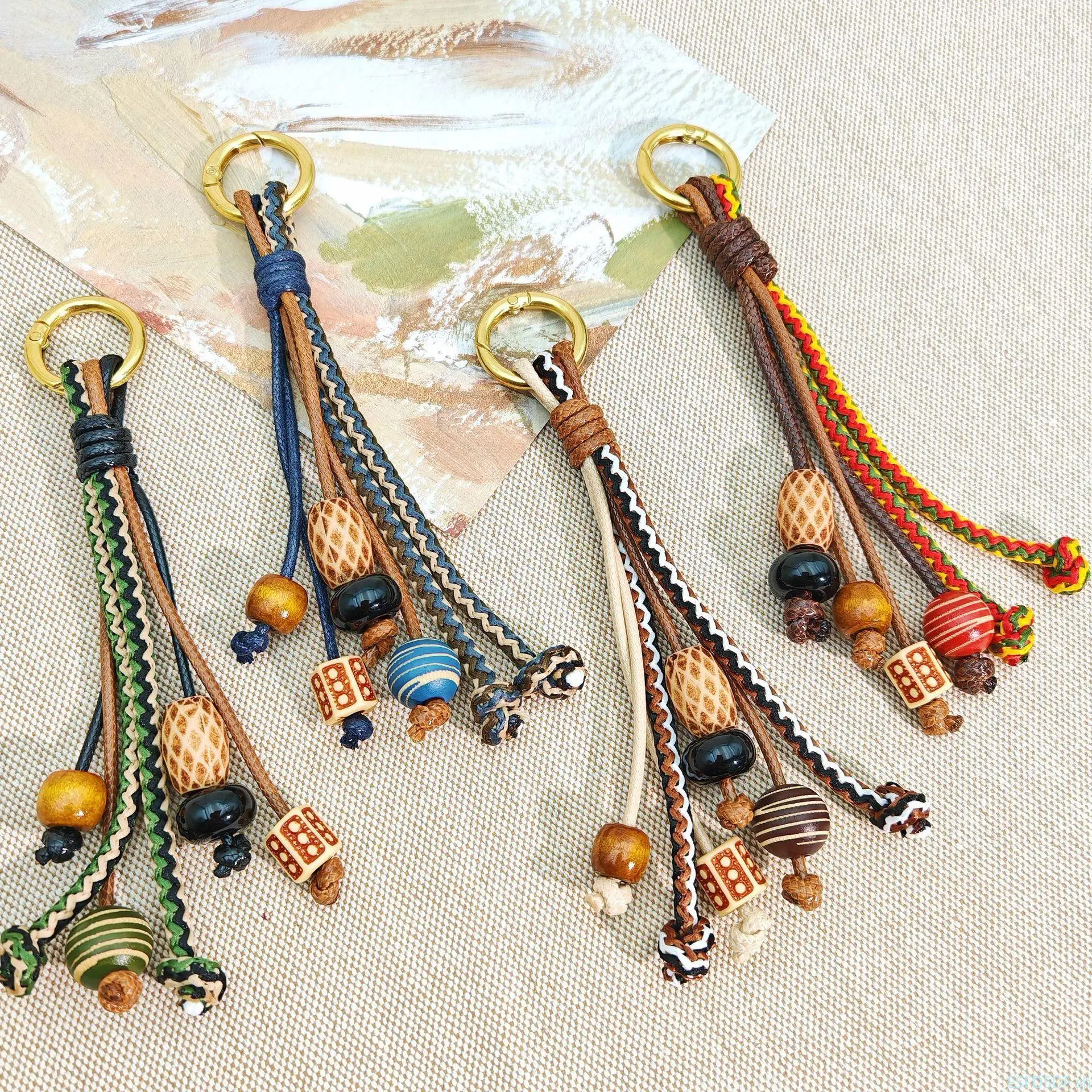 Vintage tassel handmade woven rope, Chinese style bag hanger, casual round bead bohemian keychain, phone pendant, bag string hanging pearl chain daily matching