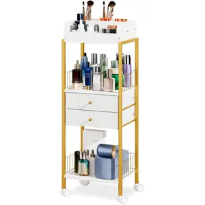Makeup Organizer Cart Shelf Skincare Organizers Make Up and Station Cabinet For Standing Cosmetics With Drawers and Wheels For Nail Polish Perfume Hair Tool Holder Beauty(Gold)