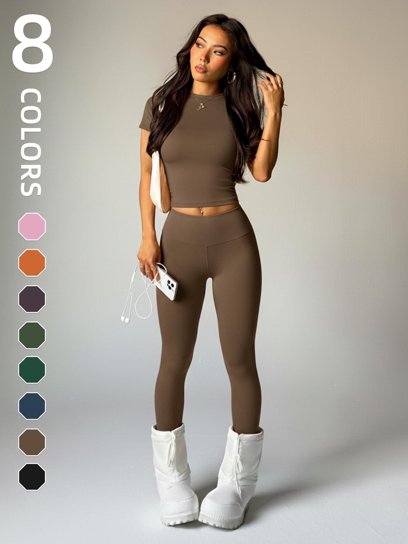 Women's Short Sleeve Round Neck Moisture Wicking Yoga Pants Set, Comfortable Fashion Daily Sports Wear, Elastic Sportswear, Workout Running Clothes