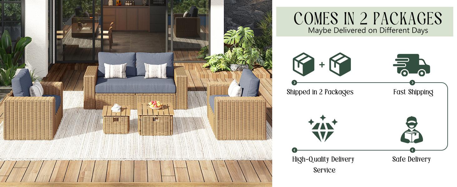 [Spring Sale] VanAcc 5 Piece Outdoor Patio Furniture Sets, All Weather Wicker Conversation Set, Rattan Sofa Chair with Washable Cushions & 2 Coffee Tables for Garden, Poolside, Backyard, Brown+Grey