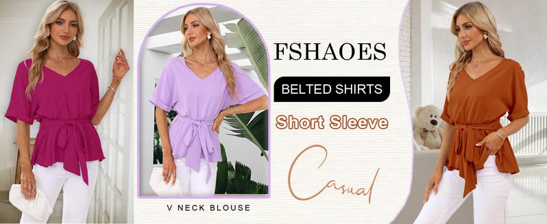 FMEYOA Womens Fashion V Neck Blouse Short Sleeve Belted Casual T-Shirts Basic Tee Tops