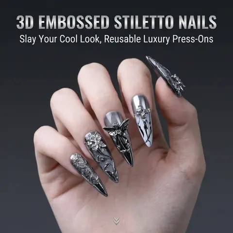 10pcs | TRUTH AMOR Dark Gothic Cool-Tone Silver Mirror Press-On Nails | Irregular 3D Metallic • Hot Girl Ultra-Thin Seamless Explosive Sparkle Handcrafted Nails | Removable & Reusable | Must-Have for Nightclubs, Dates, Music Festivals,Christmas Gift