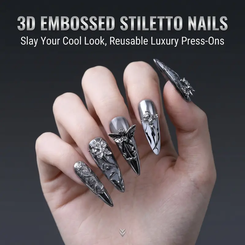 10pcs | TRUTH AMOR Dark Gothic Cool-Tone Silver Mirror Press-On Nails | Irregular 3D Metallic • Hot Girl Ultra-Thin Seamless Explosive Sparkle Handcrafted Nails | Removable & Reusable | Must-Have for Nightclubs, Dates, Music Festivals,Christmas Gift