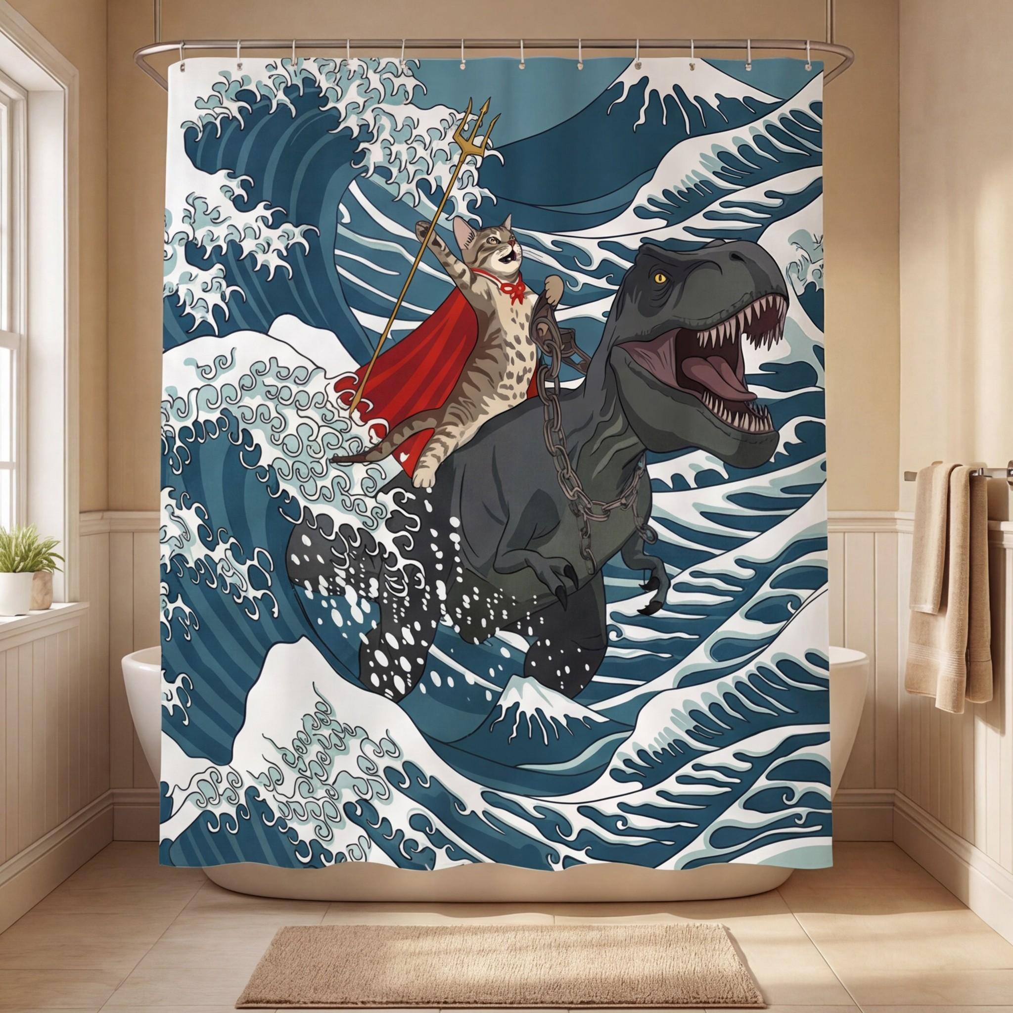 Funny Cat Dinosaur Shower Curtain, Ukiyo-e Japanese Wave with Super Cat Riding Tyrannosaurus, 72" x 72" Durable Mildew Resistant Bath Curtain Set