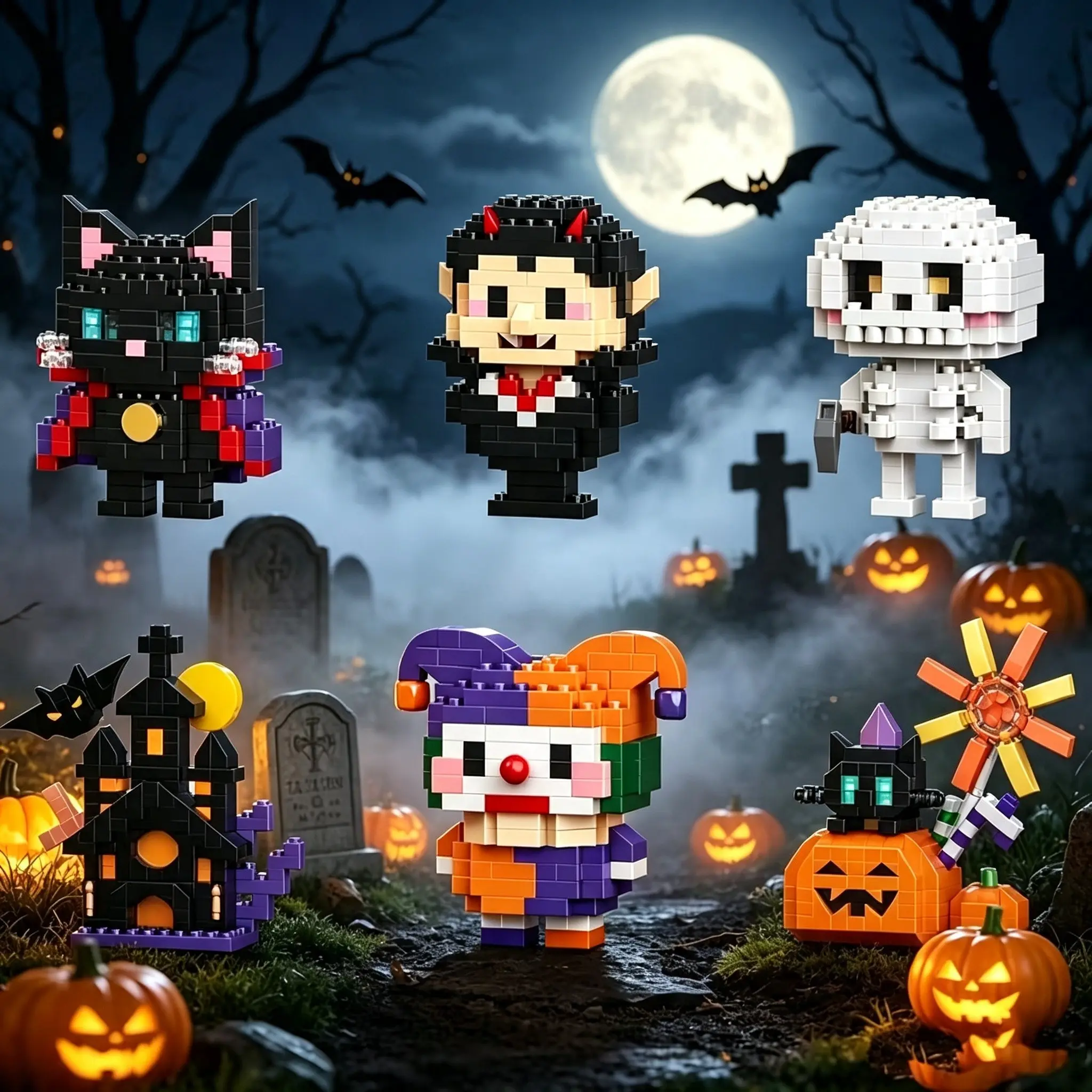 Halloween Series Building Block Set, Collectible Construction Set, Skull Man, Vampire, Cat, Clown, Pumpkin Flame Cat Spirit, Halloween Gift, Holiday Birthday Gift