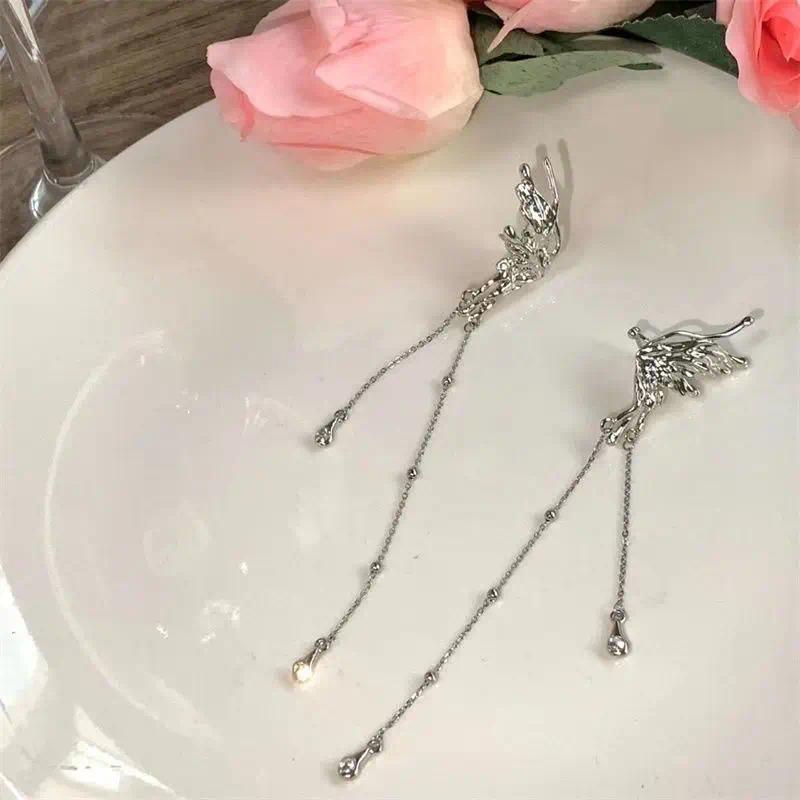 XINYI Y2K Fairy Butterfly Tassel Ear Clips Angel Ear Bone Clip Earring Elf Female Hole Cuff Hanging Earring Fashion Jewelry