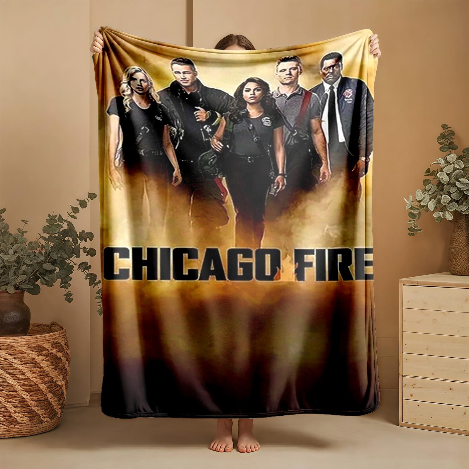 1 piece Chicago Fire TV Series Poster themed flannel blanket - All-season comfortable flannel blanket, modern design style, suitable for sofas and beds, digitally printed pattern, super soft and warm, 100% polyester material, machine washable