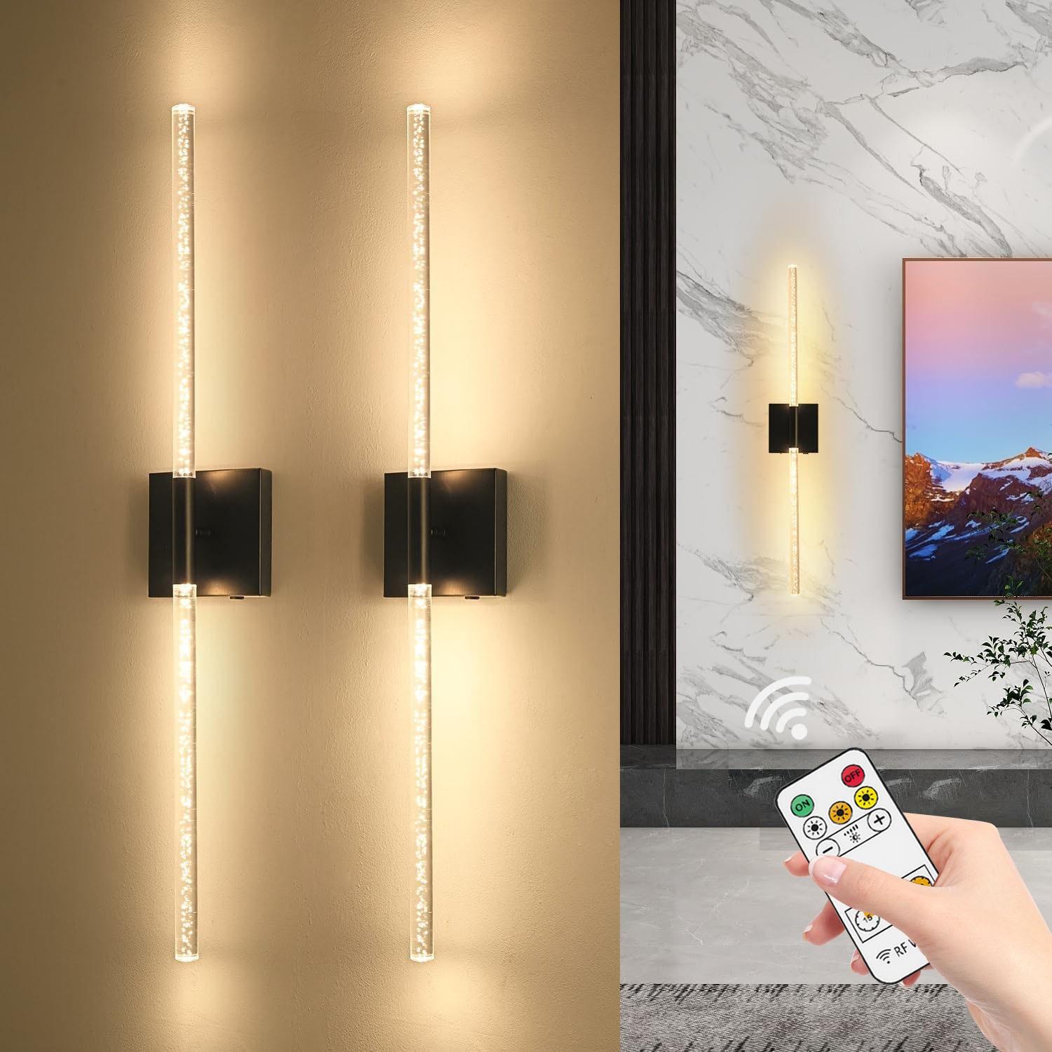 Set of 2 LED Wall Sconces, Black and Gold / 80cm Modern Rectangular Crystal Wall Sconces - Rechargeable with Remote Control - Dimmable - Ideal for living room accent walls, hotel corridors, hallways, and home interiors