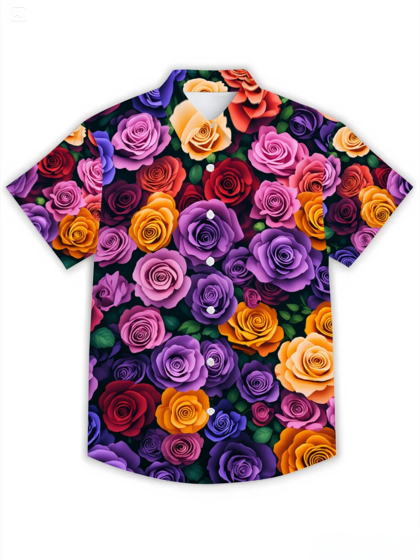 Colorful Rose Print Short Sleeve Shirt, Casual Unisex Style, Summer Fashion Top, Multi-color Floral Pattern