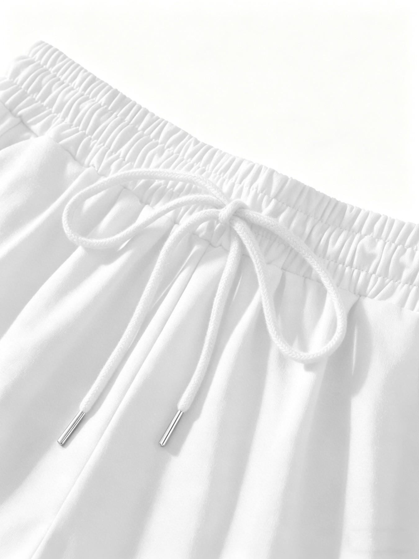 Women's 2-Piece Set, Off-Shoulder Loose Short Sleeve Top & Adjustable Drawstring Shorts, Summer Plain Casual Sporty, Versatile for Various Occasions, Outfit, Clothes