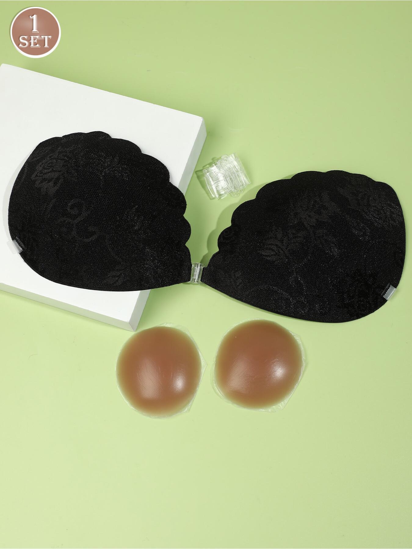Invisible Adhesive Bra for Women, Ultra-Thin Lace Silicone Sticky Bra with Detachable Clear Straps, Breathable Anti-Nipple Show Pasties, Non-Slip Backless Strapless Bra for Wedding Party Evening Dress