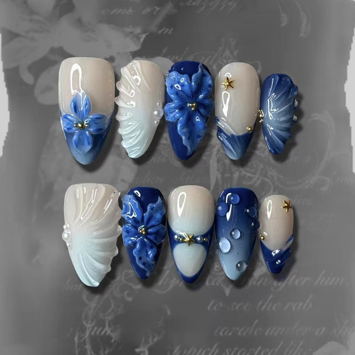 24Pcs Mid-length Gilded Almond Nails Set Press on 3D Flower Gradient Pink Full Cover False Nails Tips Pearl Reusable Fake Nails