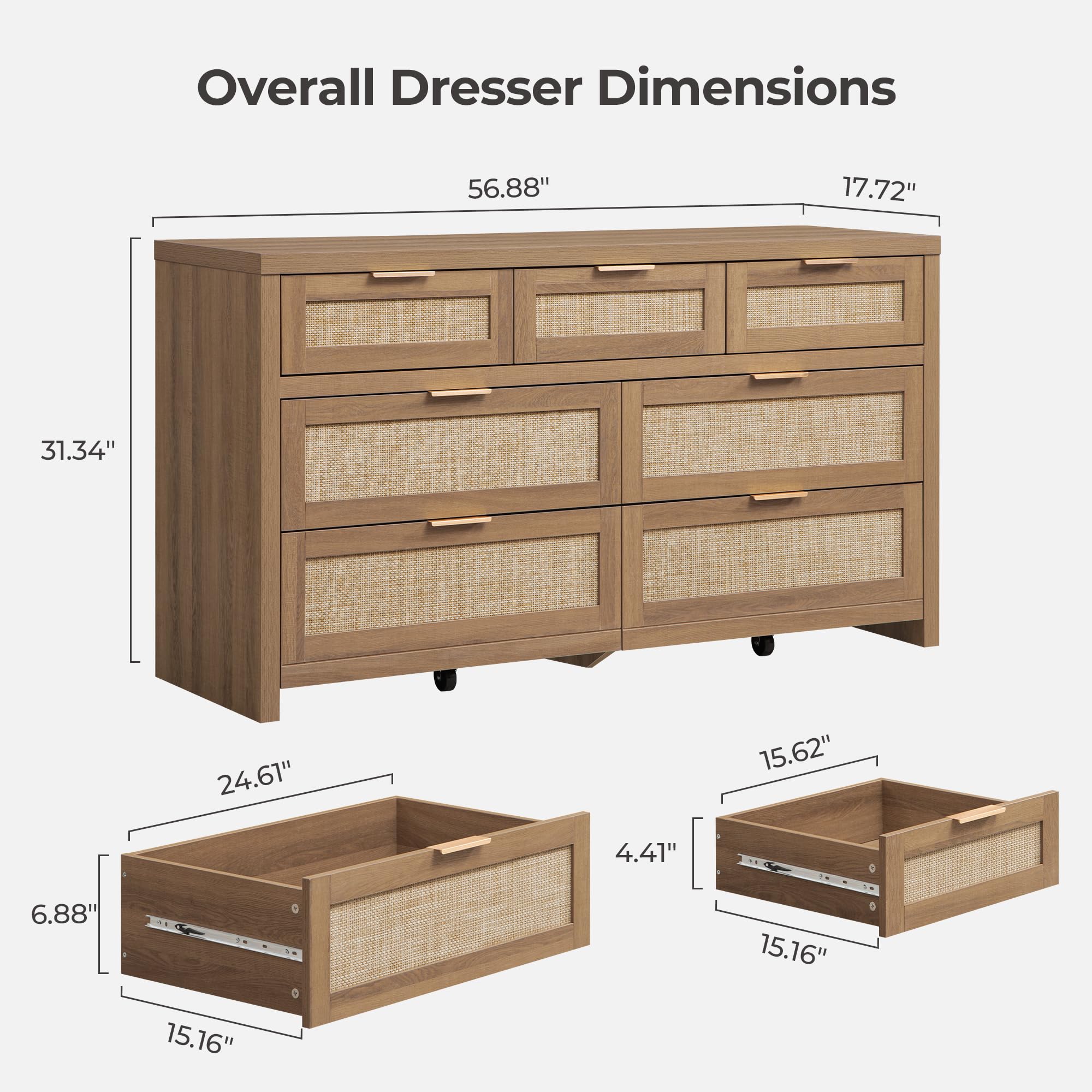 SICOTAS Rattan Dresser for Bedroom, 17.7" x 56.9" x 31.3" Size 6 Drawer Dresser with Ample Storage,Unique Engineered Wood Dressers Large Chest of Drawers for Nursery, Closet, Boho TV Stand for Bedroom, Sturdy and Durable, Easy Installation