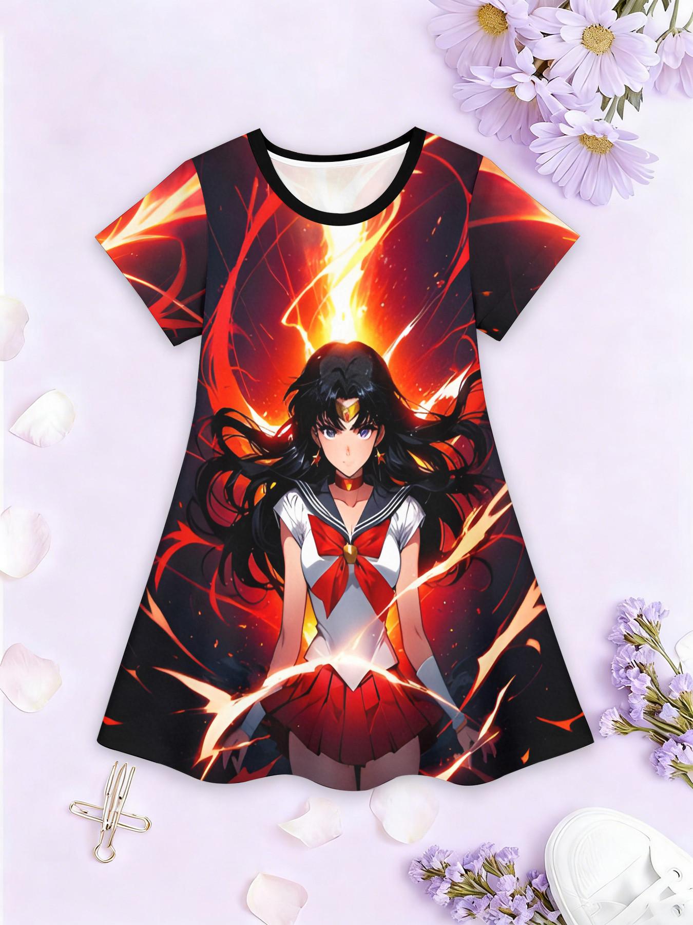 Girls' 3D Short Sleeve Dress, Sailor Moon Mars Fire Lady Full Print, Perfect for Parties, Festive Gifts, Birthday Presents