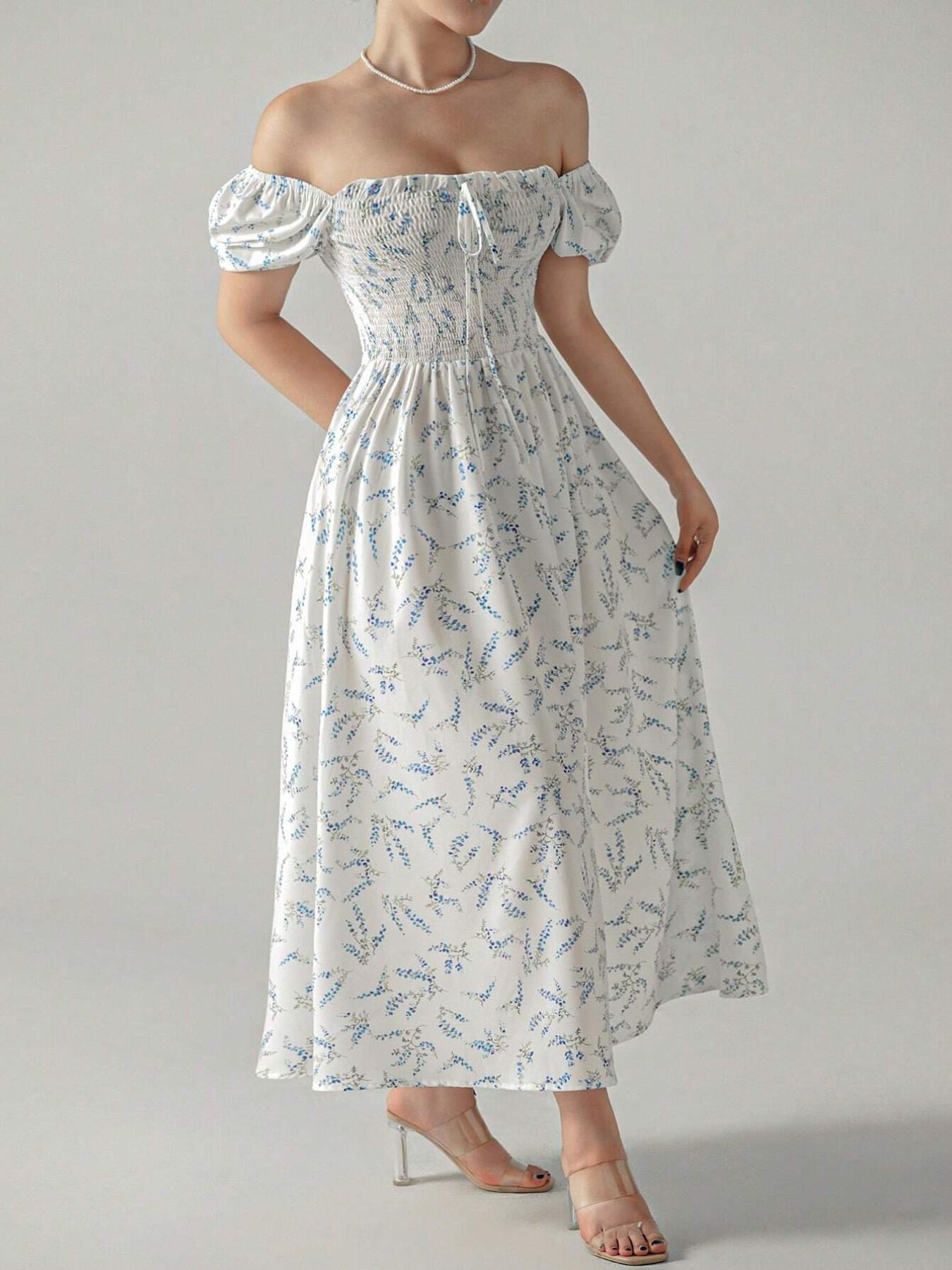 Women's Spring Summer Floral Print Puff Sleeve Dress with Bow Tie, Elegant Fitted Design with Adjustable Square Neck, Long Princess Skirt Womenswear