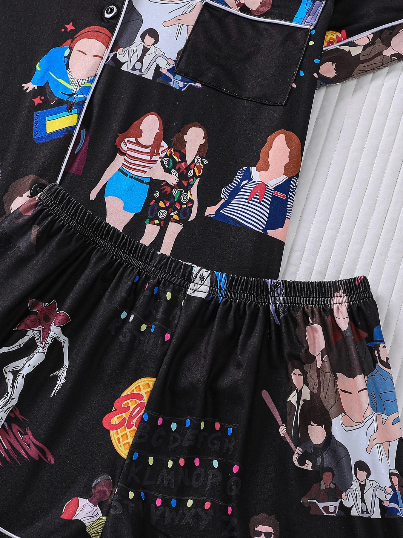 Women's 2-Piece Stranger Things Print Lapel Pajama Set, Short Sleeve Button Down Top with Pocket & Elastic Waist Shorts, Soft Comfy All-Season Loungewear, Casual Sleepwear for Ladies Home Daily Wear