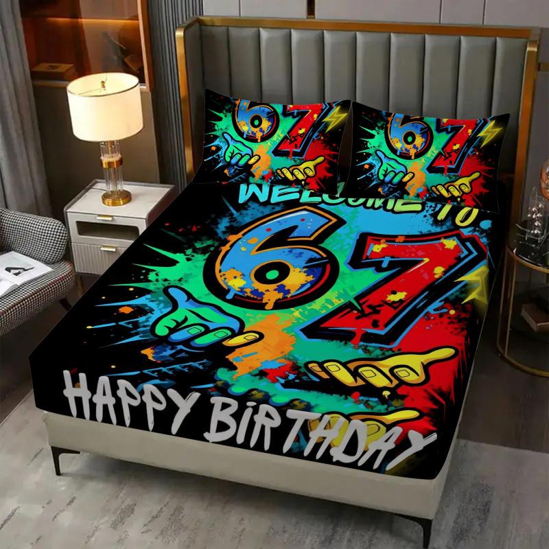 67 "six sev" printed pattern bed sheet set of 3 pieces, including 1 bed cover and 2 pillowcases, all season mattress protection cover, bed sheet, soft and comfortable deep mouth design, breathable bedding, bedroom and guest room decoration, detachable