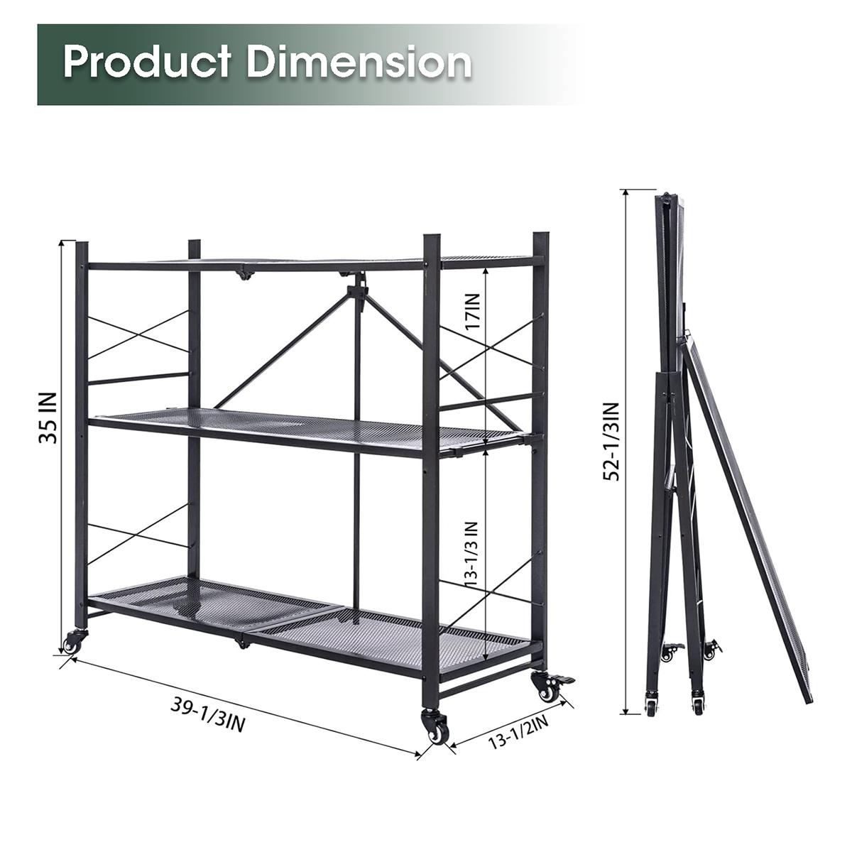 Grezone 3/4/5 Tier Foldable Storage Shelf with Wheels,Collapsible Shelving Unit Display,Rolling Cart for Books Kitchen Storage Shelves Steel
