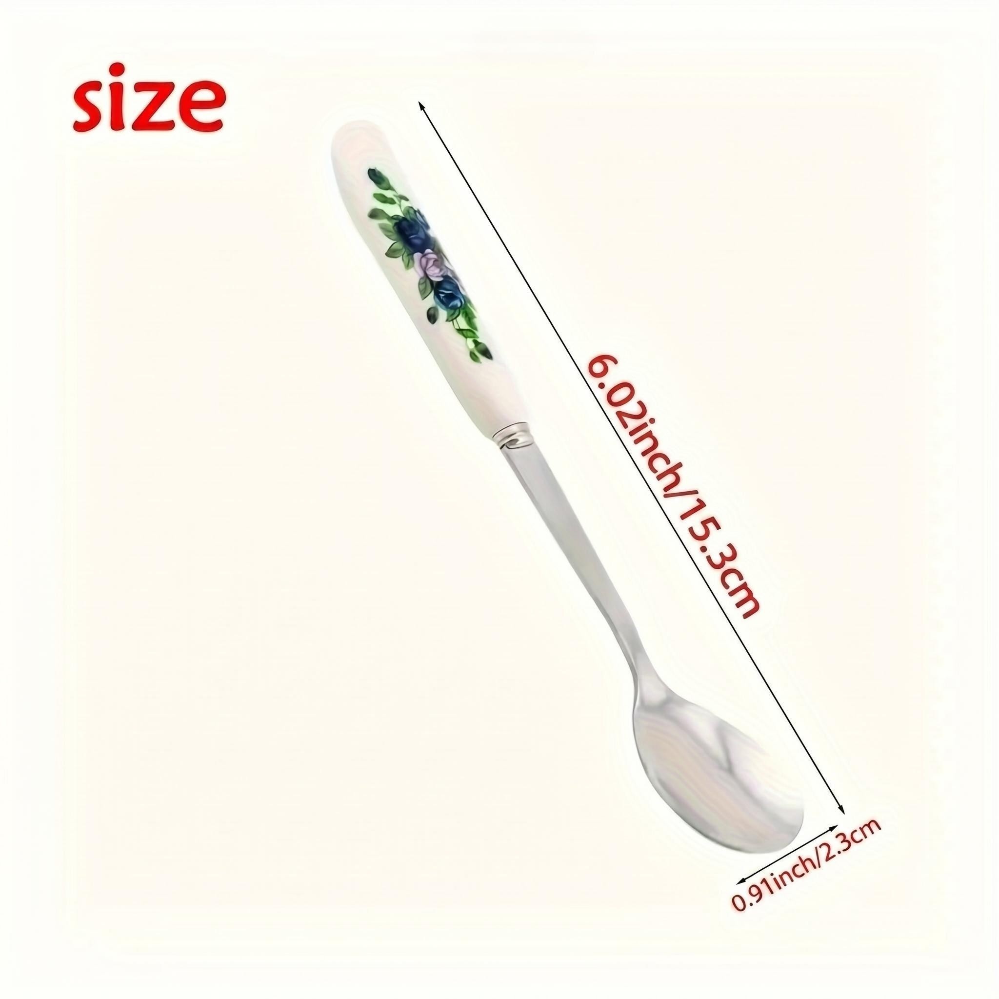 PrimPick A 6-piece set of stainless steel coffee spoons with floral ceramic handles - an elegant mixing and serving tool, suitable for sugar, ice cream and soups - a durable kitchen and dining accessory