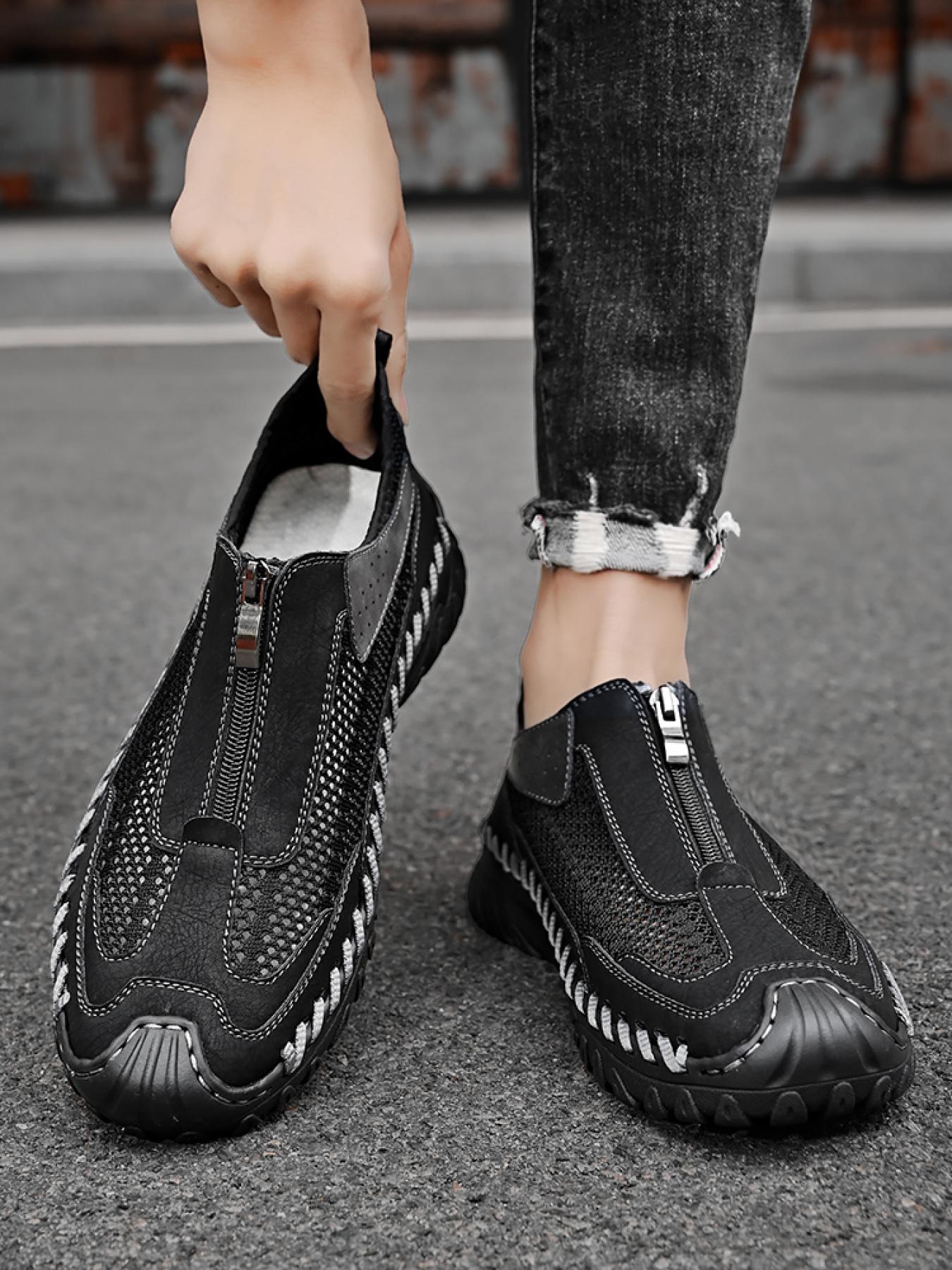 Men's Solid Color Mesh Zipper Toe Casual Shoes, Soft Sole, Non-Slip, Hand-Stitched, Breathable Slip-On Lazy Dad Shoes