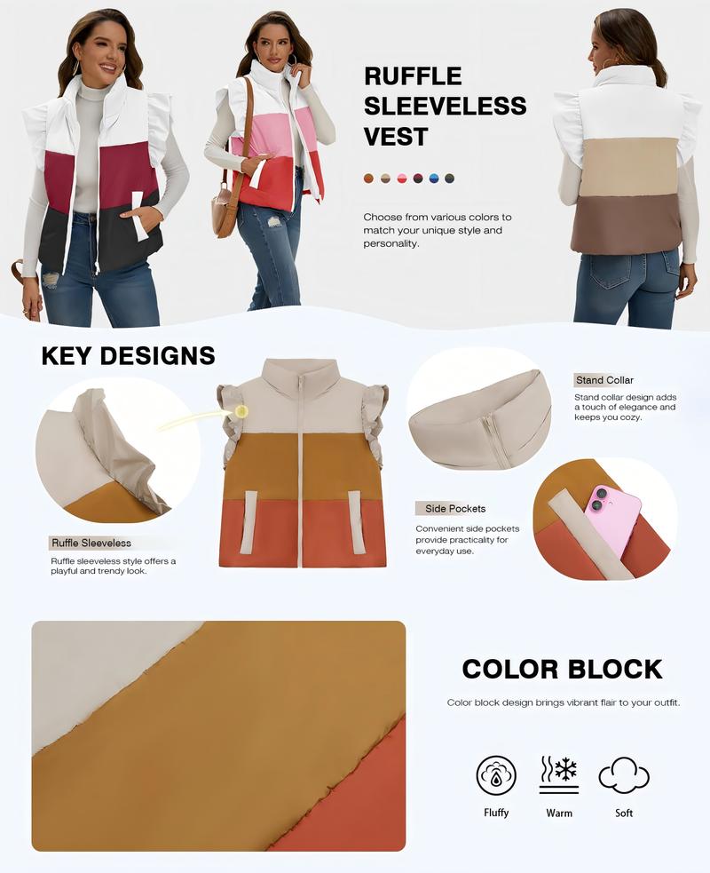 Tankaneo Womens Puffer Vest Ruffle Sleeveless Zip Up Quilted Jacket Color Block Winter Warm Padded Gilet Coats