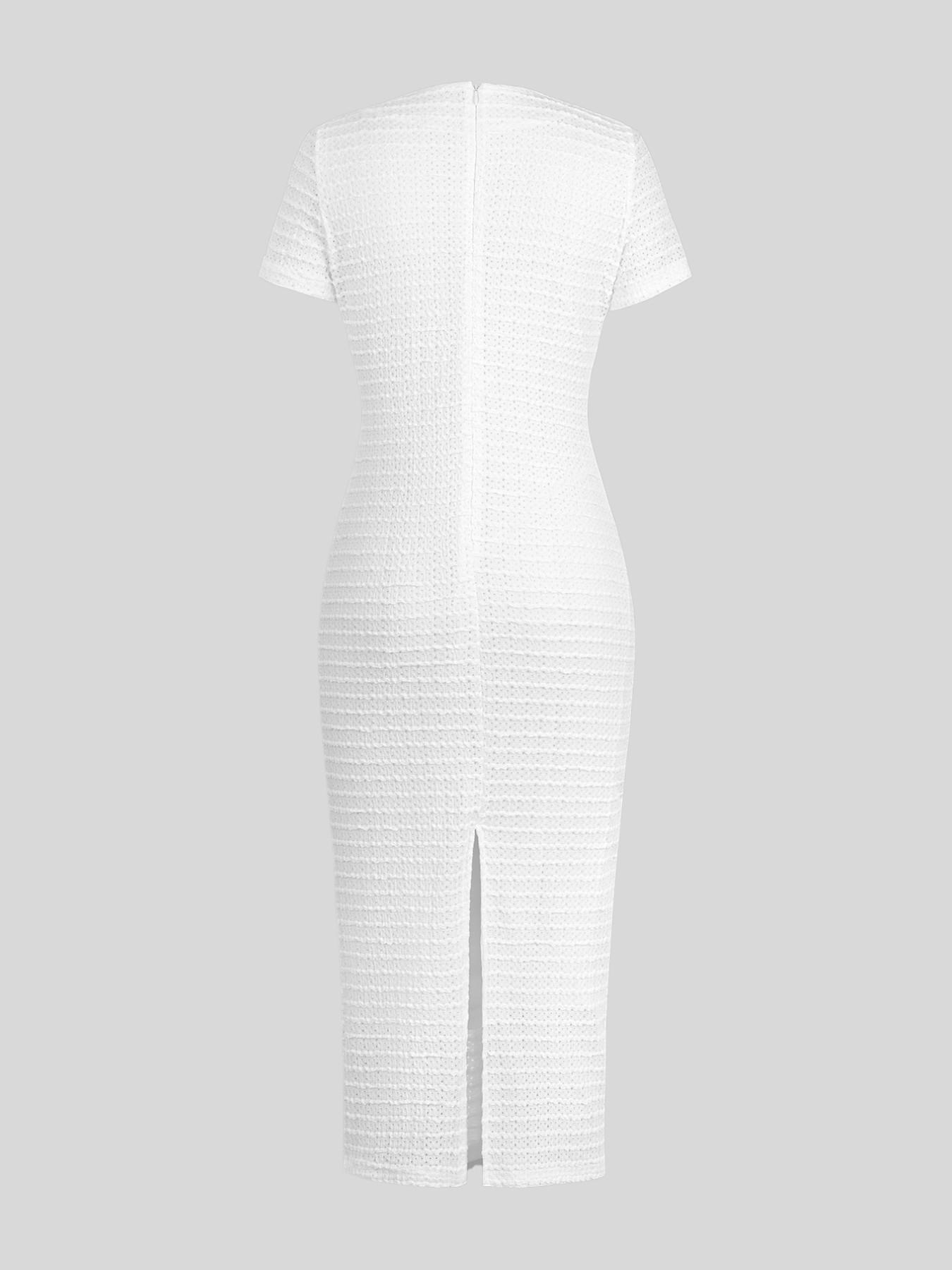 Women's Plain Zipper Back Round Neck Dress, Casual Fake Button Decor Short Sleeve Crew Neck Dress for Daily Wear, Ladies Clothes for All Seasons, Formal Wear