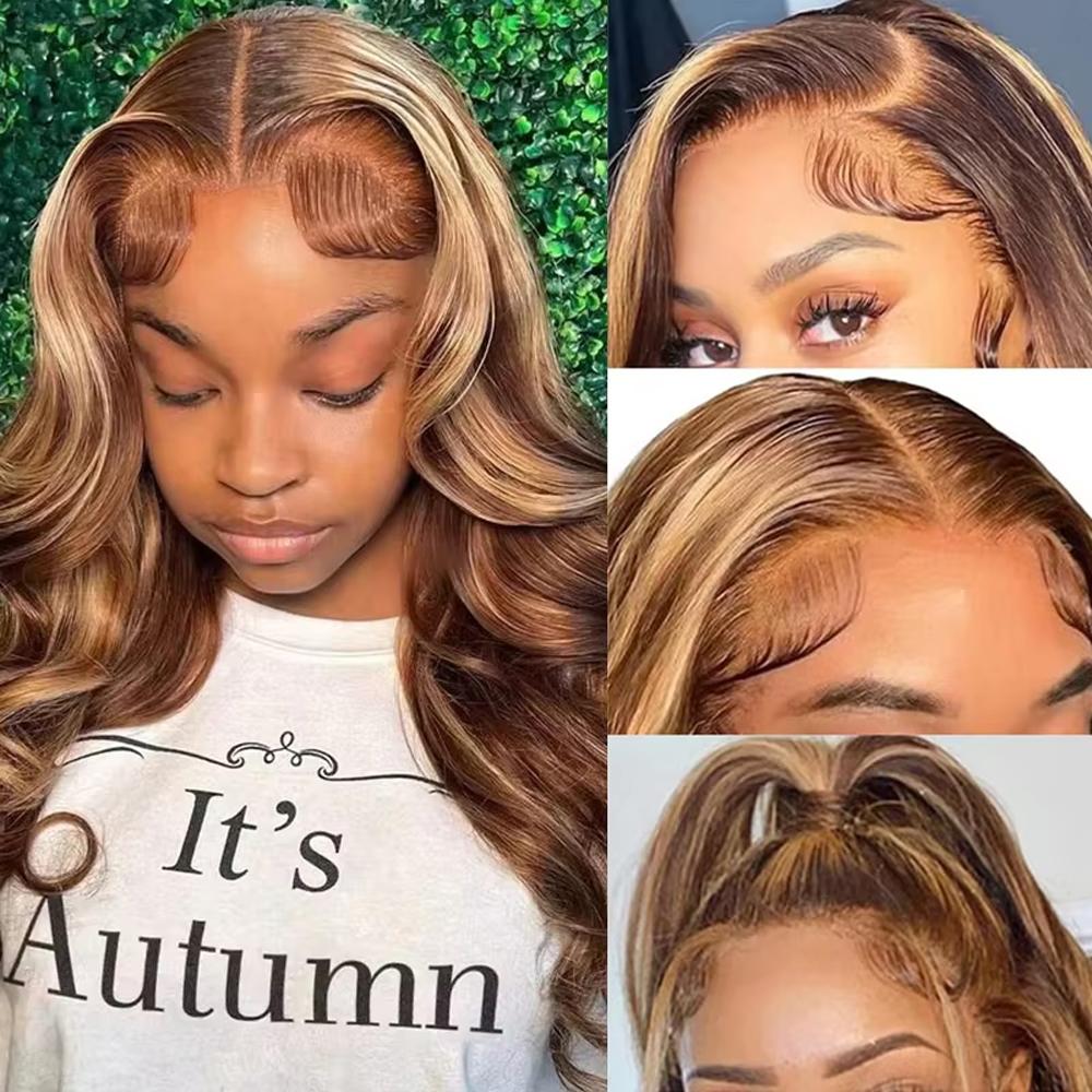 P4/27 Colored Highlight Body Wave Lace Front Wigs Human Hair 13X6 HD Lace Front Wig Human Hair Pre Plucked 180% Density Highlight Wig Human
