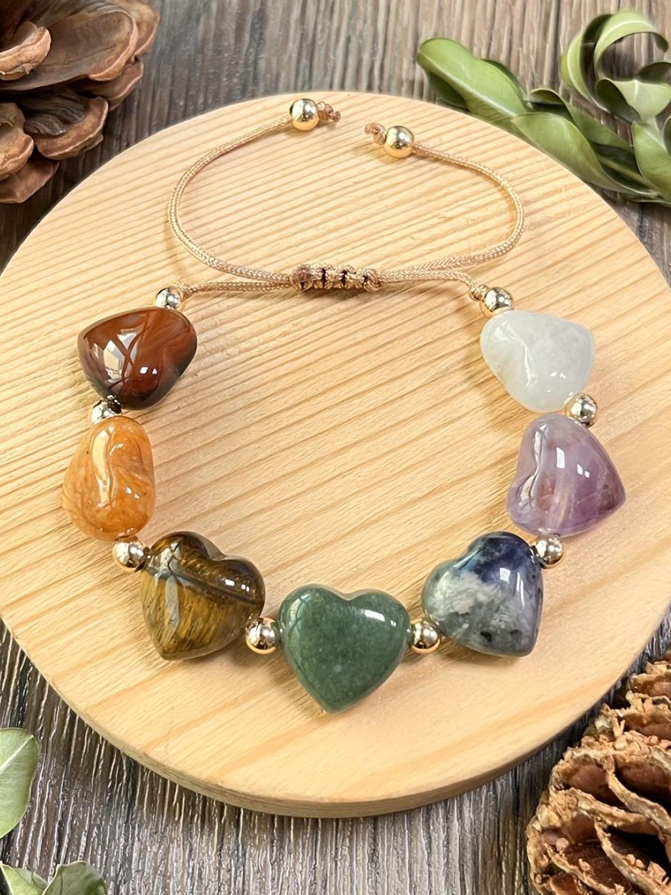 Bohemian Casual Seven-Color Heart Stone Beaded Adjustable Bracelet, Vintage Unisex Yoga Bracelet for Daily Wear