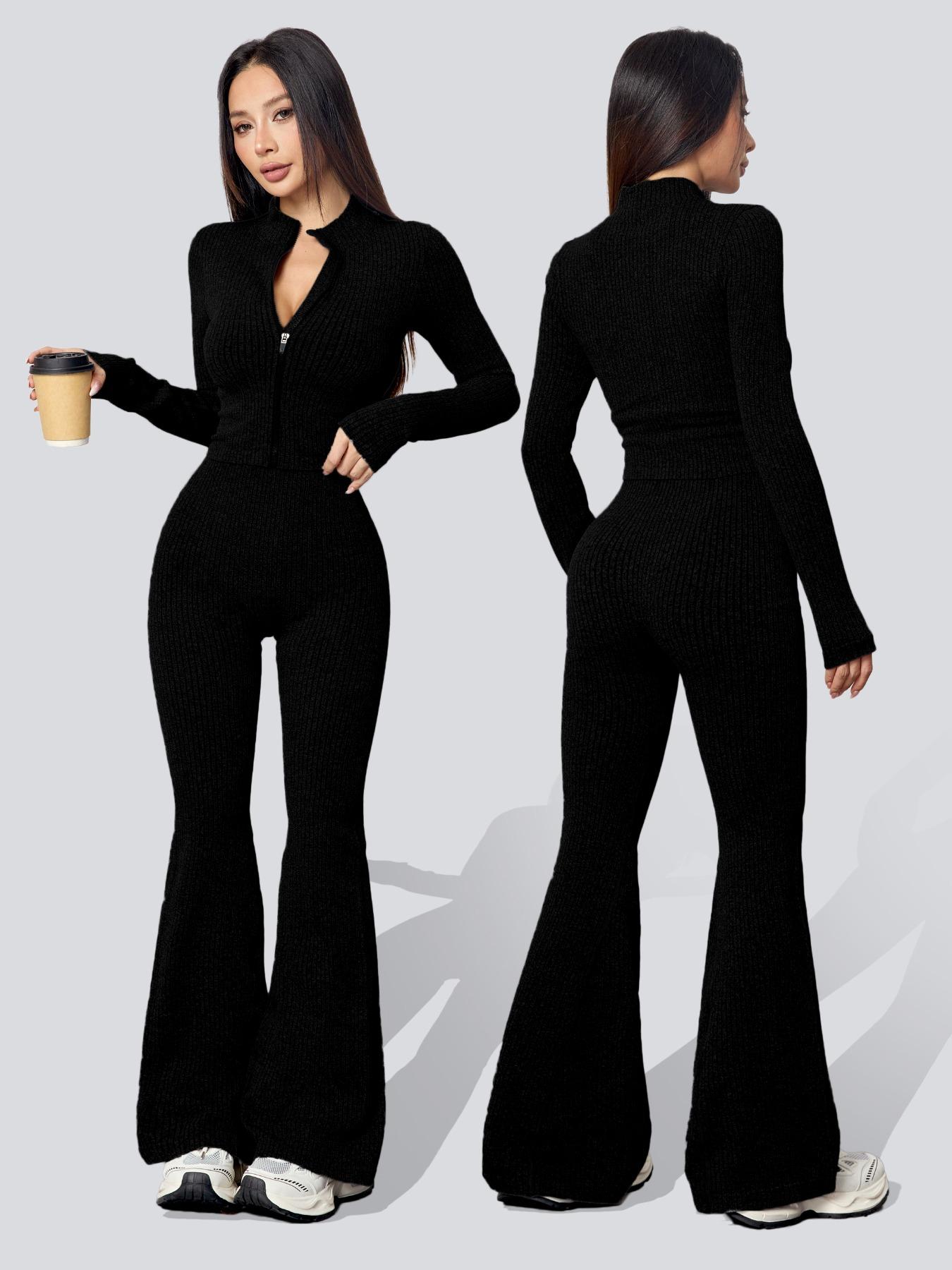 Women's Ribbed Textured Two-Piece Set for Fall & Winter, Knit Zipper Jacket and High-Waisted Leggings, Casual Outfit for Yoga Fitness, Athleisure Wear Set, Stretchy Suit Set, Yoga Gym Outfits