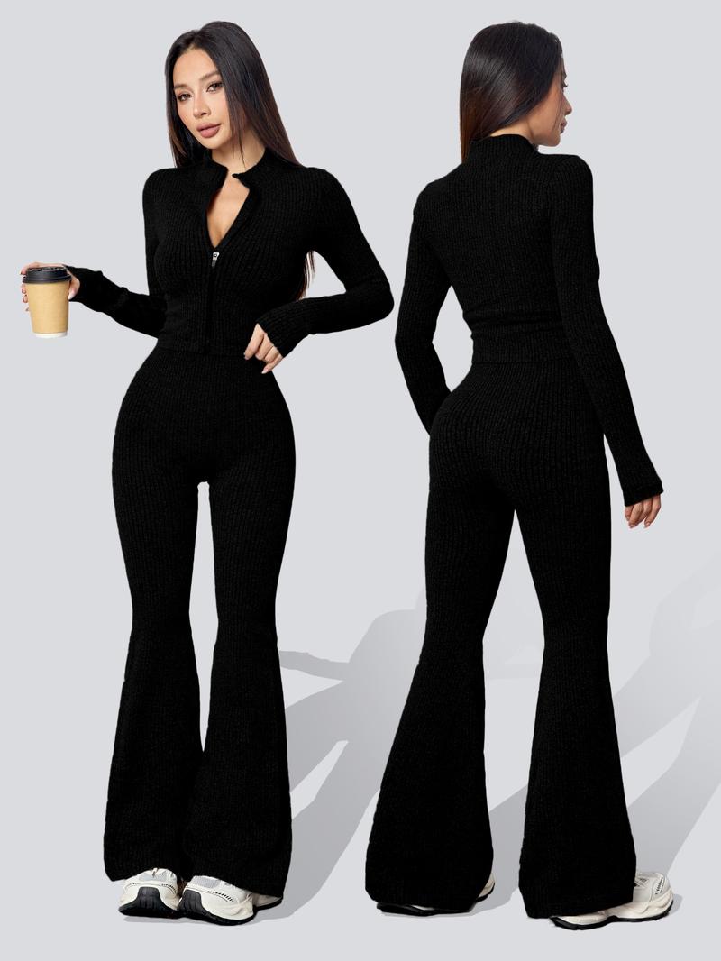 Women's Two-Piece Set, Sweatsuit Matching Set, Autumn Winter Knit Ribbed Jacket & High-Waisted Flare Pants, Casual Fitted Yoga Gym