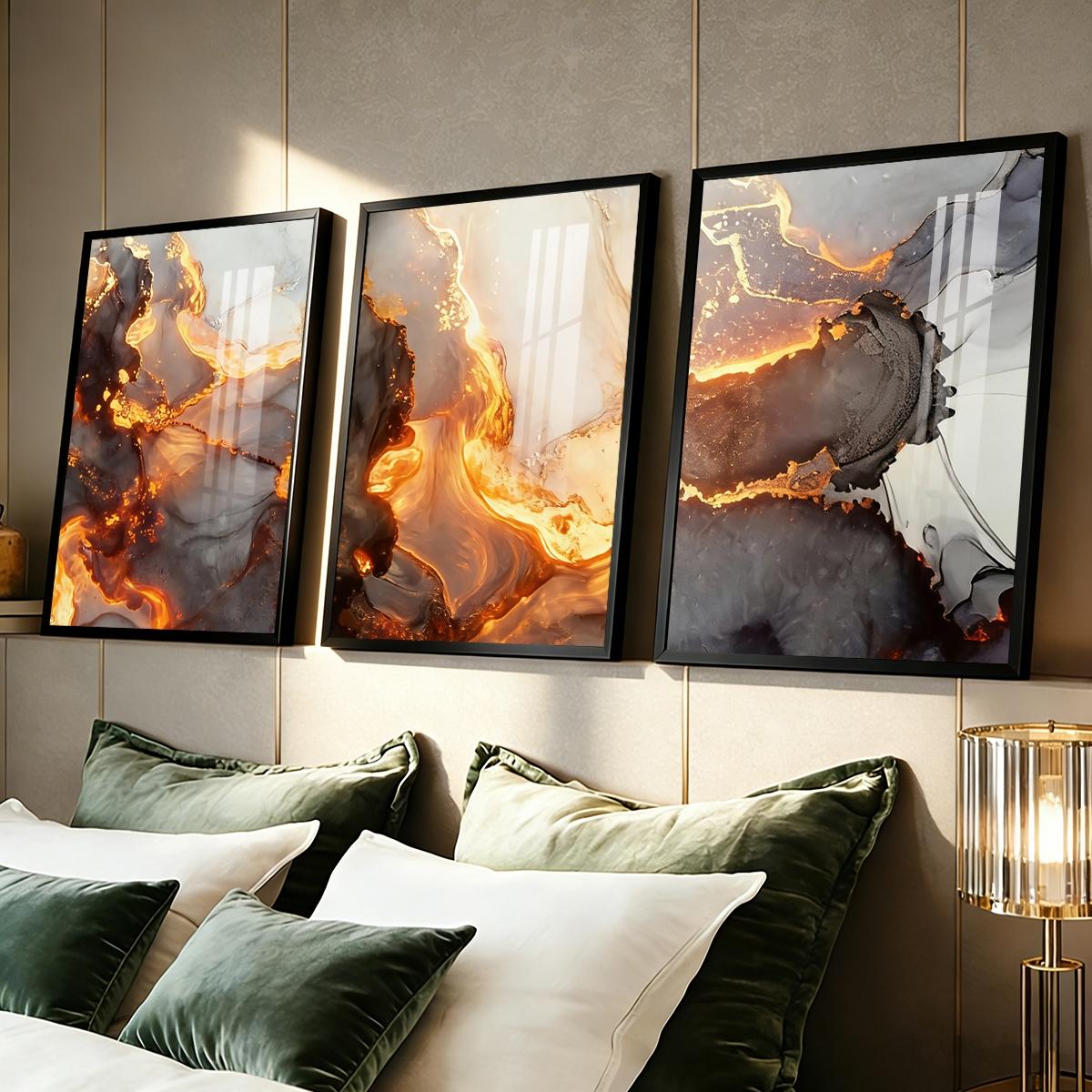3 Counts Aluminum Alloy Framed Painting, Abstract Golden Lava Flow Pictures, Home Decoration For Living Room, Bedroom, Office, Restaurant, Hallway Wall Decor, Odorless Print Artwork, Luxury Perfect Gift For Friends And Family