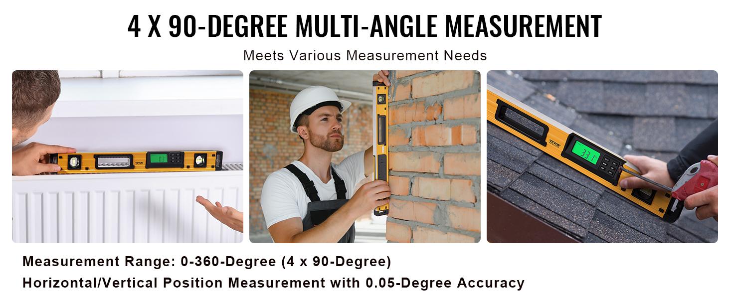 VEVOR Magnetic Torpedo Level, 600mm, LED Backlit Screen Mechanical Bubble Vials Ruler for 0-360 Degree, Gravity Sensor Aluminum Alloy Leveler Tool w/ Viewing Window, Shock-Resistant for Plumbing, Wood