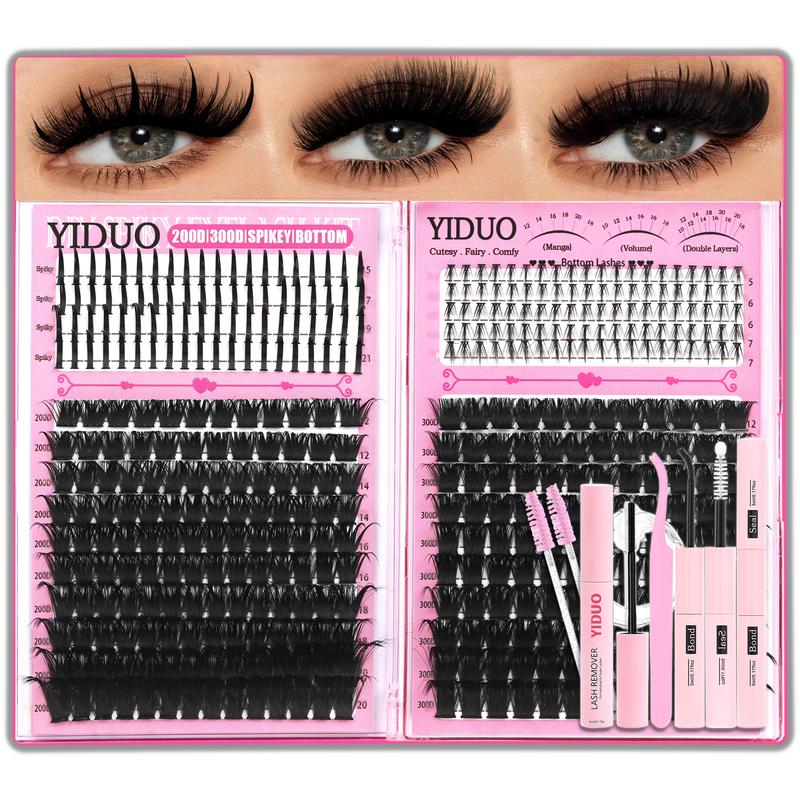 420Pcs Eyelash Cluster Kit Bottom/Spiky/200D/300D Volume Lash Clusters Kit 5-20mm Volume D-Curly Eyelash Extensions Kit with Lash Bond and Seal Tweezers Remover Eyelash Glue Tweezers DIY at Home Easily