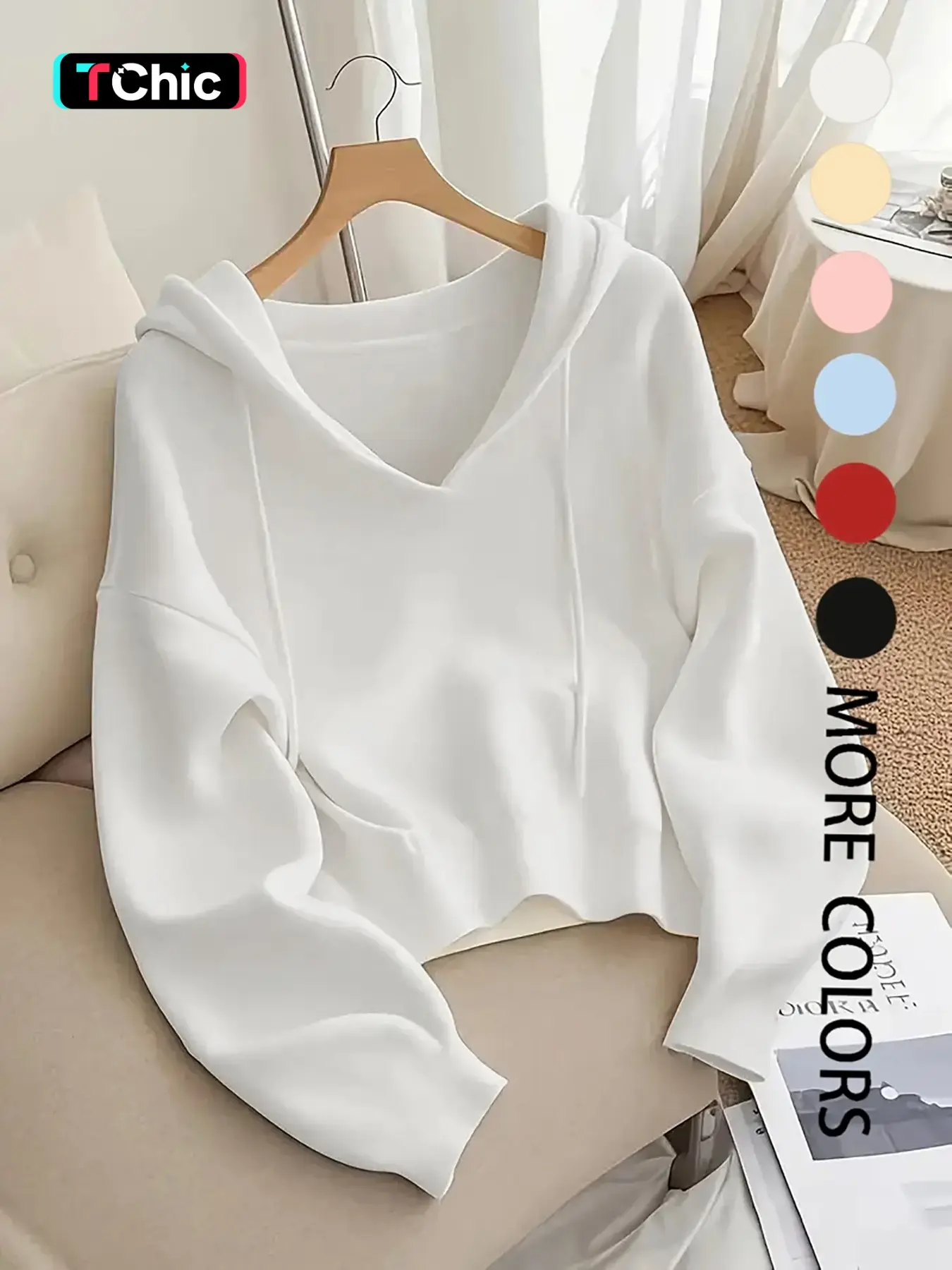 Women's V-Neck Adjustable Drawstring Hoodie, Loose Fit Soft Knit Pullover, Casual Unique Design Long Sleeve Sweatshirt for Early Autumn Knitwear, Knitwear For Fall, Tops, Womenswear