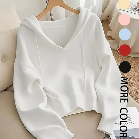 Women's V-Neck Adjustable Drawstring Hoodie, Loose Fit Soft Knit Pullover, Casual Unique Design Long Sleeve Sweatshirt for Early Autumn Knitwear, Knitwear For Fall, Tops, Womenswear