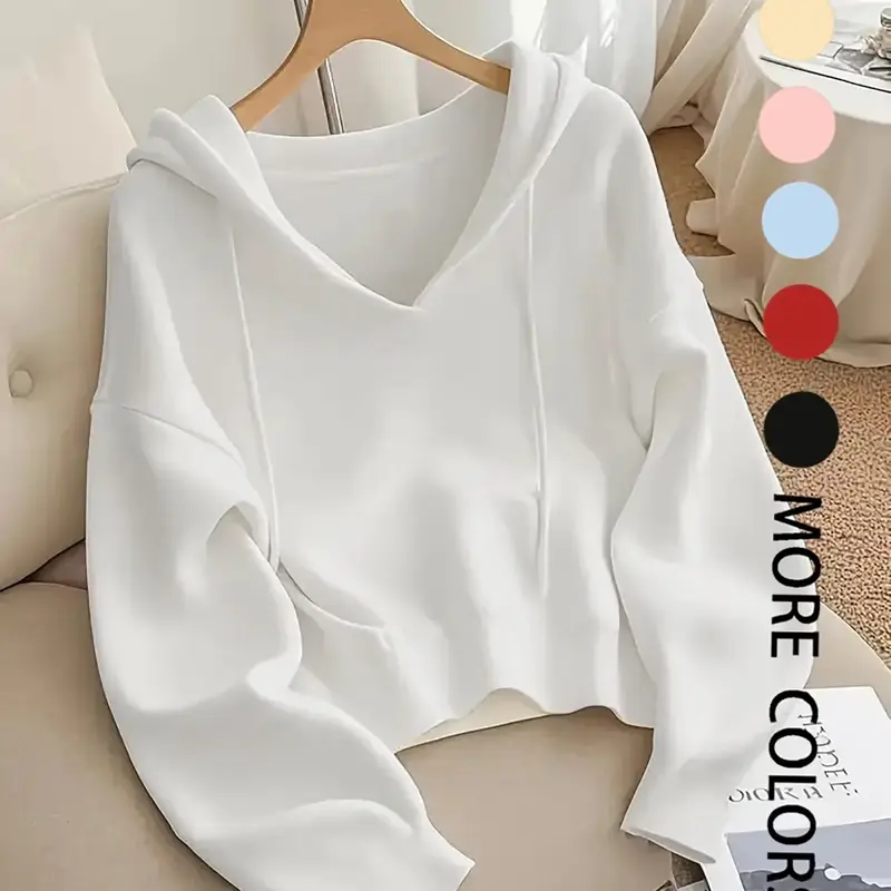 Women's V-Neck Adjustable Drawstring Hoodie, Loose Fit Soft Knit Pullover, Casual Unique Design Long Sleeve Sweatshirt for Early Autumn Knitwear, Knitwear For Fall, Tops, Womenswear