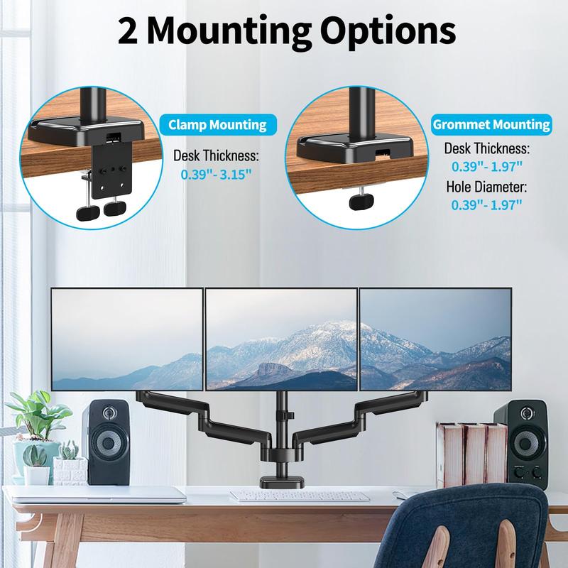 MOUNTUP 17"-32" Triple Monitor Mount, for Max 32'' Computer Screens, Holds 4.4-19.8lbs, VESA Bracket with Clamp/Grommet Base, Black, MU8004