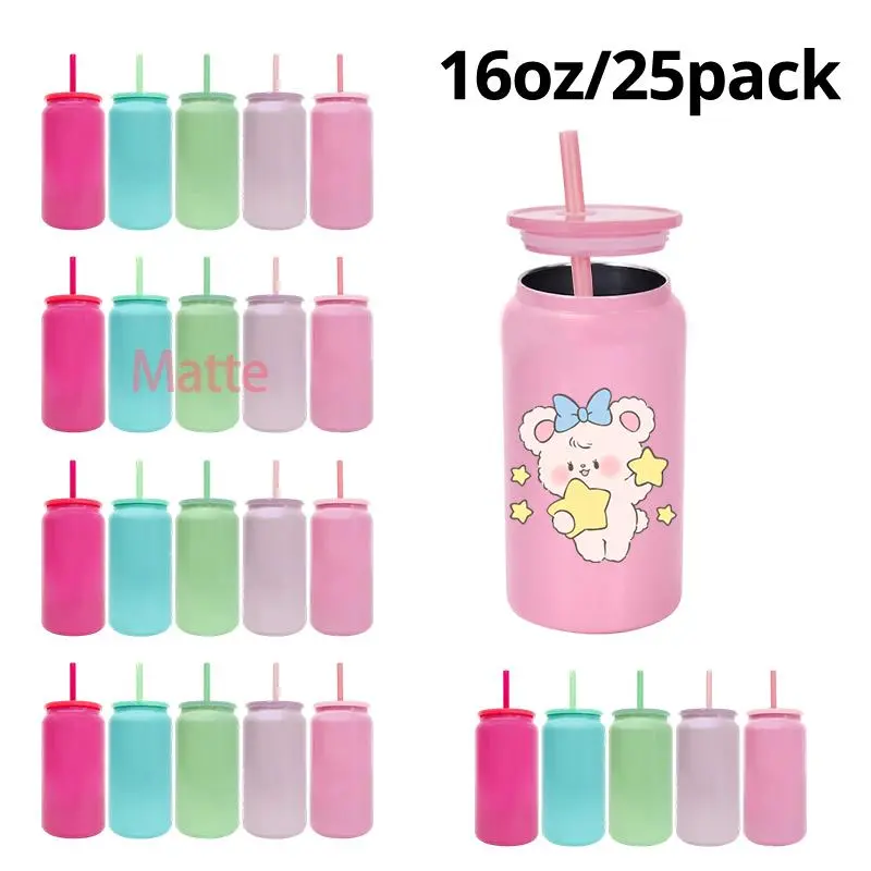 25-Pack 16oz Stainless Steel Can-Shape Sublimation Ready Water Bottles, Mixed Colors, Insulated Lid & Straw Included, Portable Blank Kitchenware, USA Warehouse Drinkware for Water Storage304 Stainless Steel Tumbler