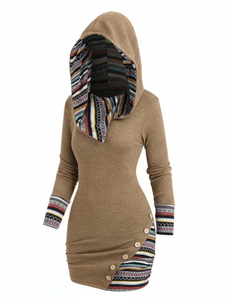 Women's Patchwork Striped Print Fake Buttons Hooded Bodycon Dress, Casual Long Sleeve Short Dress for Fall & Winter, Women's Clothes for Daily Wear