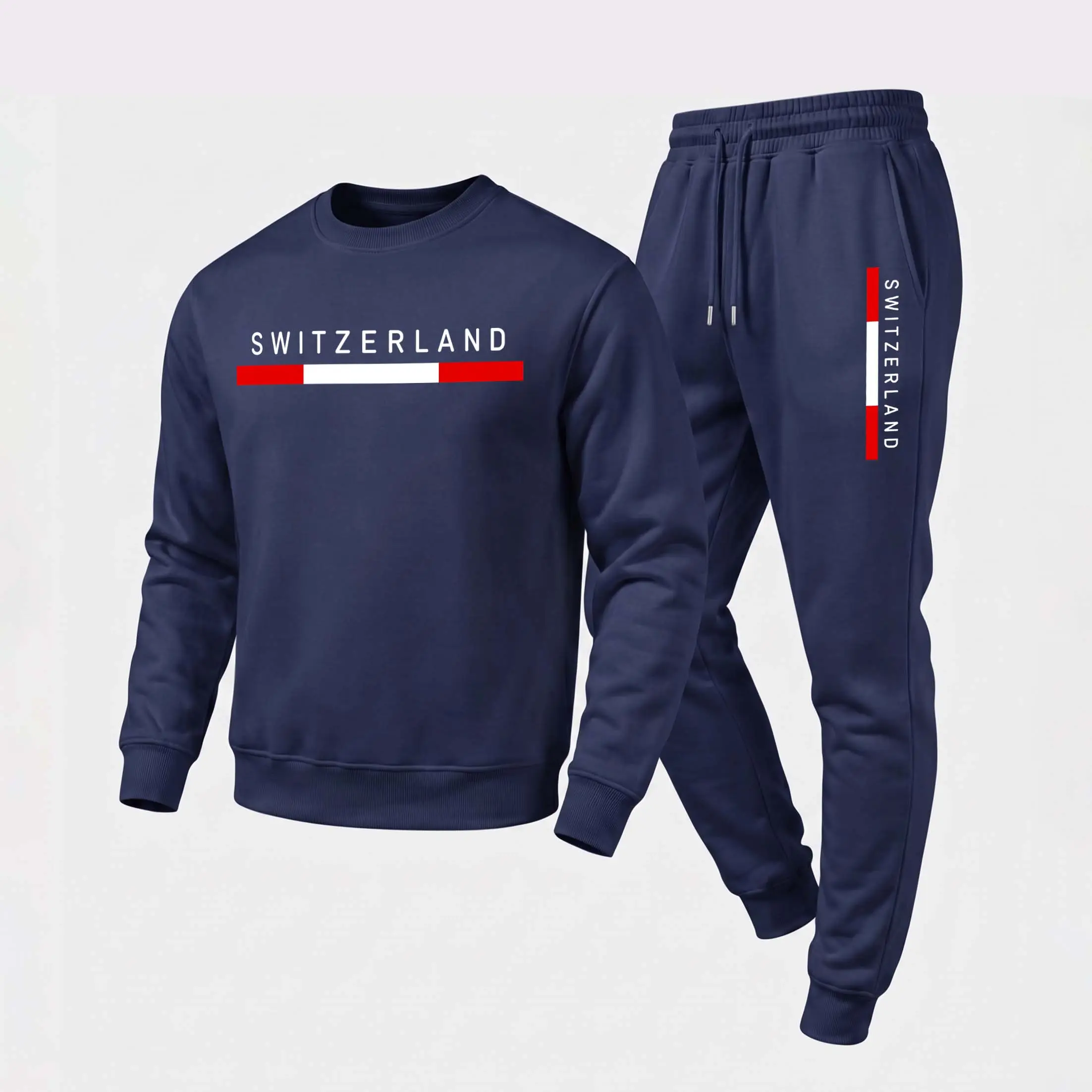 Men's 2-Piece Minimalist Switzerland Graphic Crewneck Hoodie & Loose Jogger Pants Set, Casual Long-Sleeve Menswear Pullover with Drawstring Sweatpants, Fall Winter Tracksuit for Day Wear, Lounge, Workout