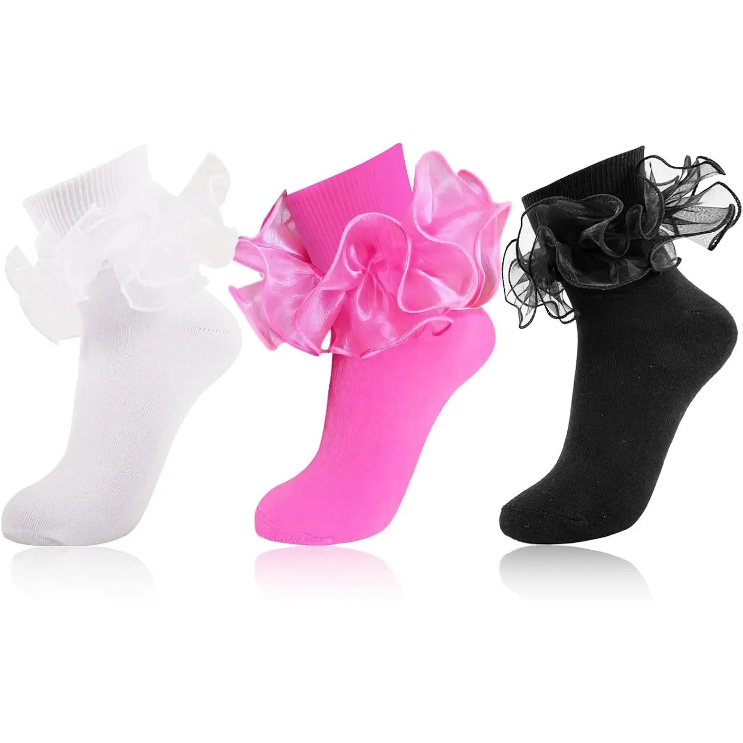 Women's Ruffle Lace Frilly Turn Cuff Dress Socks - Cute Cotton Vintage 50s 80s Church Party Bobby Crew Socks for Ladies Big Girls, White Black Ankle SocksGift
