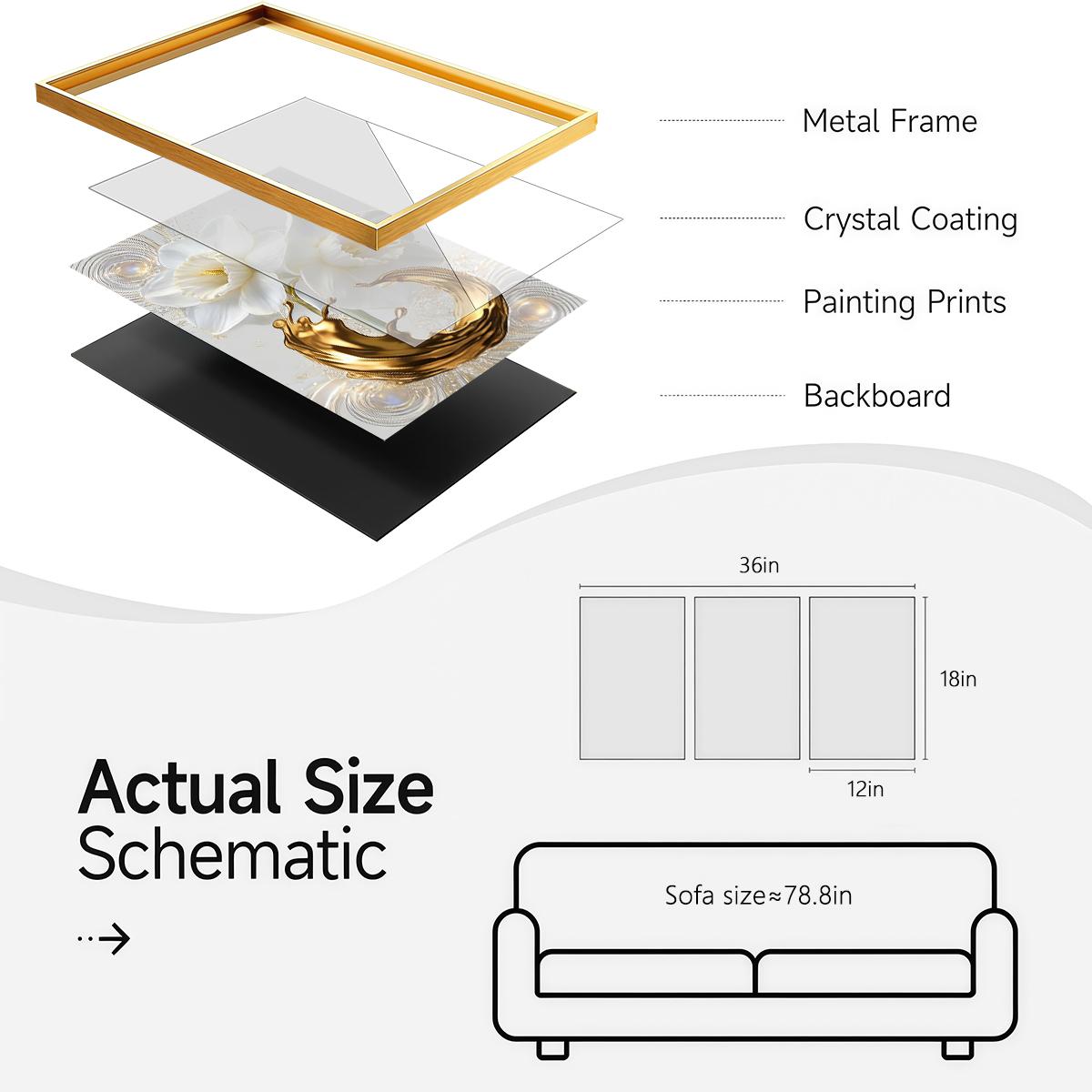 3 Counts Aluminum Alloy Framed Painting, White Daffodil Flowers With Golden Liquid Art Pictures, Home Decoration For Living Room, Bedroom, Office, Restaurant, Hallway Wall Decor, Odorless Print Artwork, Luxury Perfect Gift For Friends And Family