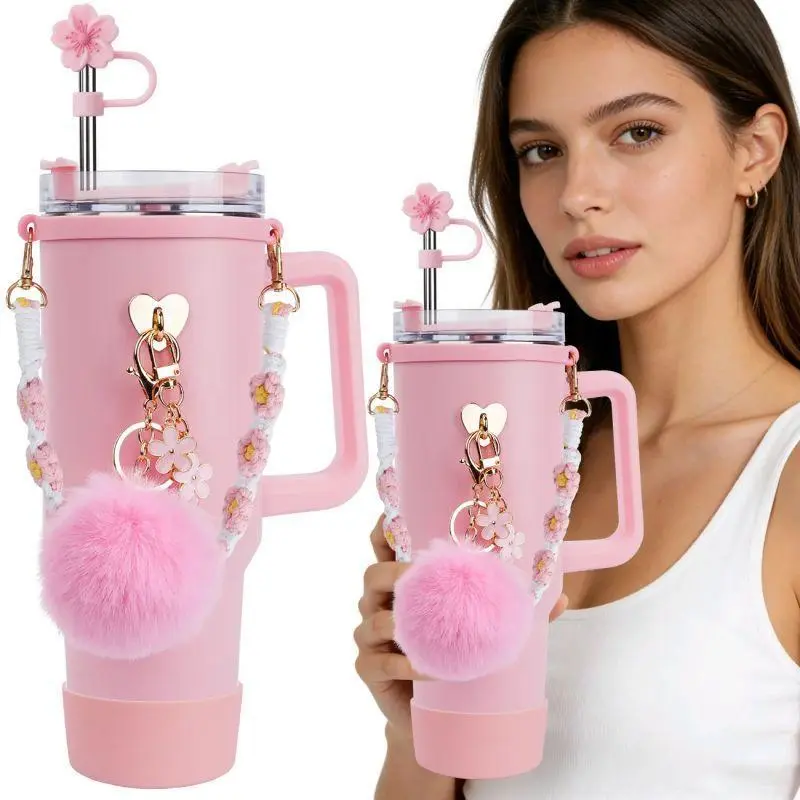 7PCS Tumbler Accessories Set for 30oz & 40oz Tumblers, Includes Bow Straw Topper, Silicone Straw Cover, Cup Boot, Handle Chain & Pom Pom Charm, Cute Drinkware Accessories Gift for Women Girls campingessentials