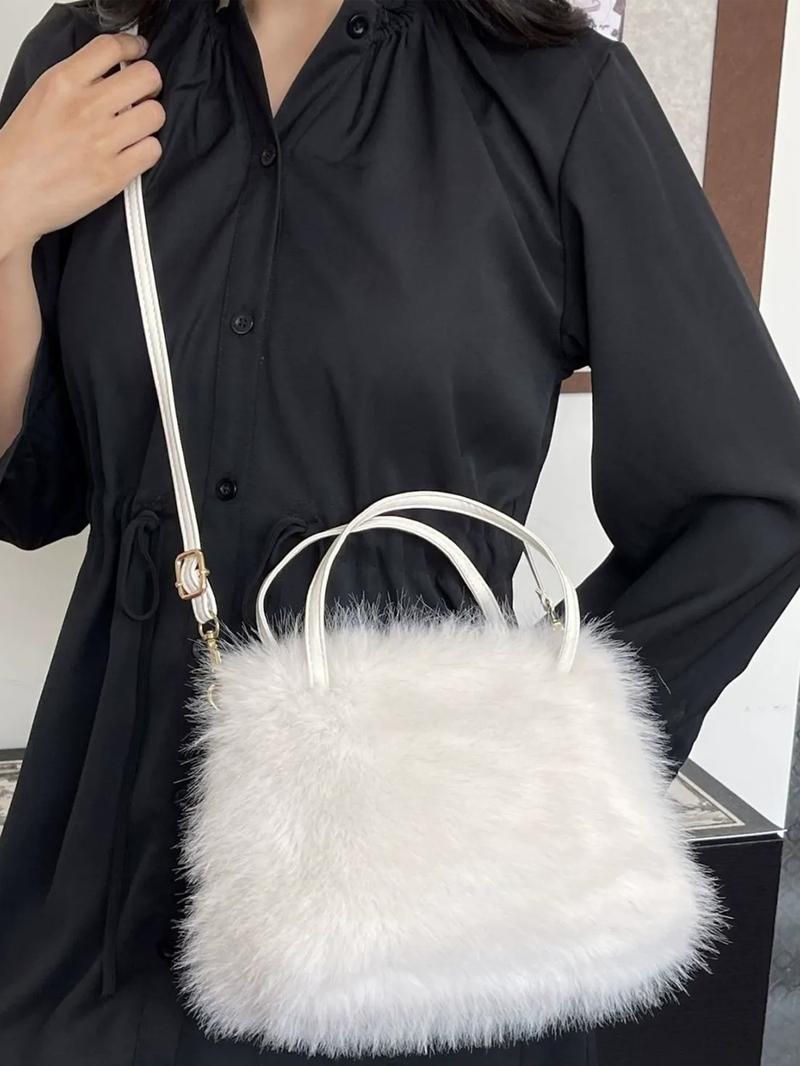 Fashionable Imitation Fur Small Casual Trendy Handbag with Grip Handle and Shoulder Strap, Stylish Design, Multiple Color Options, Perfect Daily Accessory