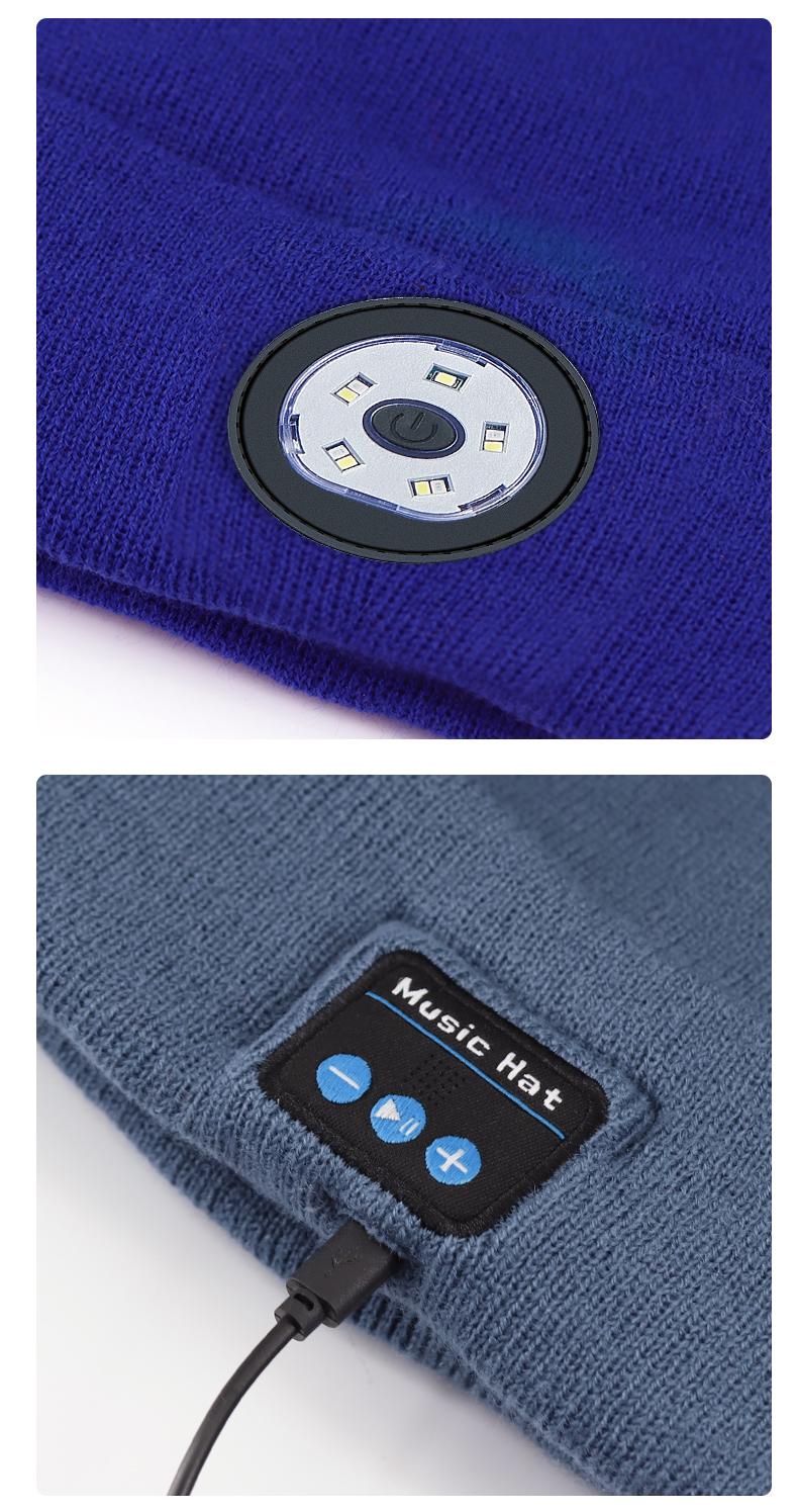 MGALL Bluetooth Beanie with LED Headlight and Removable Speakers, USB Rechargeable Knit warm winter Hat balaclava Hat for Music and Calling, sport,outdoor