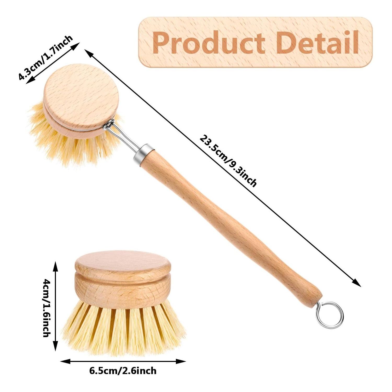 Long-Handed Pot Brush with Replaceable Heads, Natural Soft Bristles, Horsehair & Sisal, Coconut Palm Cleaning Tool, Solid Wood Handle